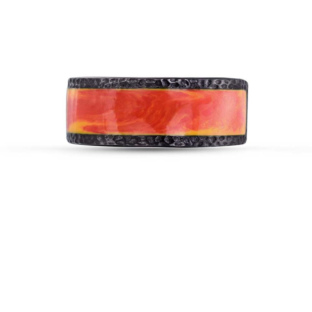 Black Rhodium Plated Sterling Silver Textured Red Orange Enamel Band Ring